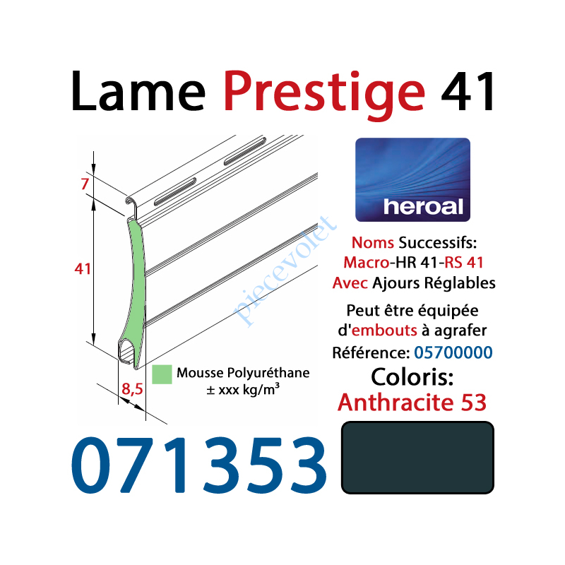 071353 Lame Alu Double Paroi Injectée de Mousse Polyuréthane Hr41 41x8,5 Coloris Gris Anthracite 53 ±Ral7016 Avec Ajourage