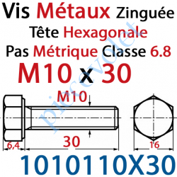 1010110X30 Vis Métaux Tête Hexagonale Zinguée 10 x 30 mm Filetage Total Classe 6.8 Iso 4017
