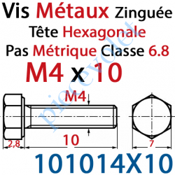 101014X10 Vis Métaux Tête Hexagonale Zinguée 4 x 10 mm Filetage Total Classe 6.8 Iso 4017