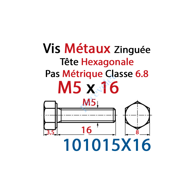 101015X16 Vis Métaux Tête Hexagonale Zinguée 5 x 16 mm Filetage Total Classe 6.8 Iso 4017