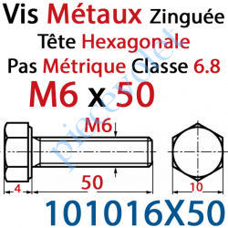 101016X50 Vis Métaux Tête Hexagonale Zinguée 6 x 50 mm Filetage Total Classe 6.8 Iso 4017