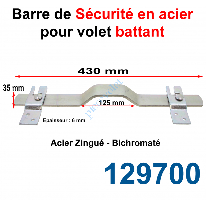129700 Barre de Sécurité en Oméga Lg 430 mm pour Volet Battant en Acier Plat 35x6 mm Avec 2 Supports Zingués et Bichromatés