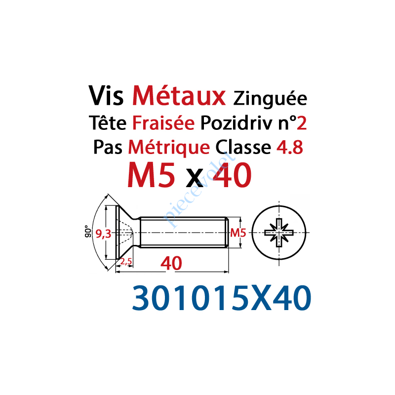 301015X40 Vis Métaux Tête Fraisée Pozidriv Zinguée 5 x 40 mm Classe 4.8 Din 965