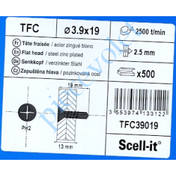 333013,9X19CR3 Vis à Tôle Auto Perceuse Tête Fraisée Phillips Zinguée 3,9 x 19