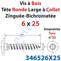 346526X25 Vis Vba Tête Ronde Large à Collet Torx Filetage Total Acier Zingué Bichromaté 6 x 25 mm