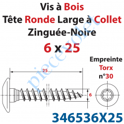 346536X25 Vis Vba Tête Ronde Large à Collet Torx Filetage Total Acier Zingué Noir 6 x 25 mm