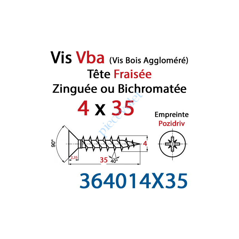 364014X35 Vis Vba Tête Fraisée Pozidriv Filetage Total Acier Zingué 4 x 35 mm