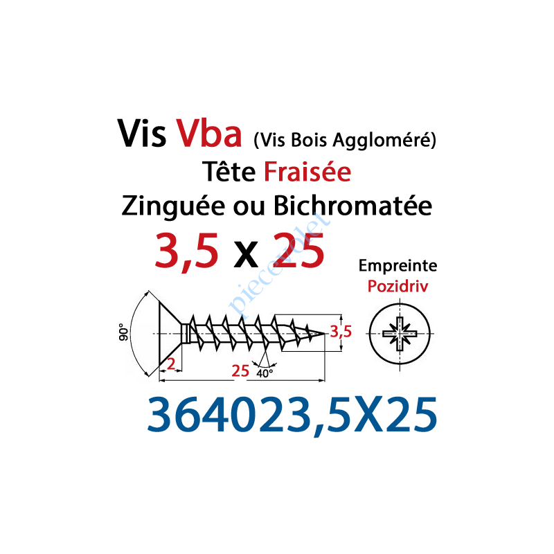 364023,5X25 Vis Vba Tête Fraisée Pozidriv Filetage Total Acier Zingué Bichromaté 3,5 x 25 mm