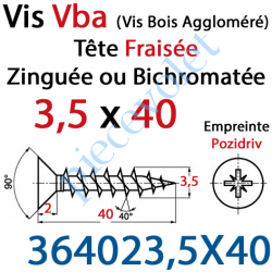 364023,5X40 Vis Vba Tête Fraisée Pozidriv Filetage Total Acier Zingué Bichromaté 3,5 x 40 mm