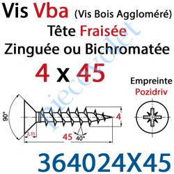 364024X45 Vis Vba Tête Fraisée Pozidriv Filetage Total Acier Zingué Bichromaté 4 x 45 mm