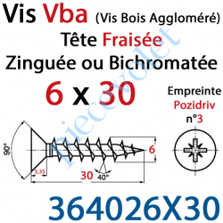 364026X30 Vis Vba Tête Fraisée Pozidriv Filetage Total Acier Zingué Bichromaté 6 x 30 mm