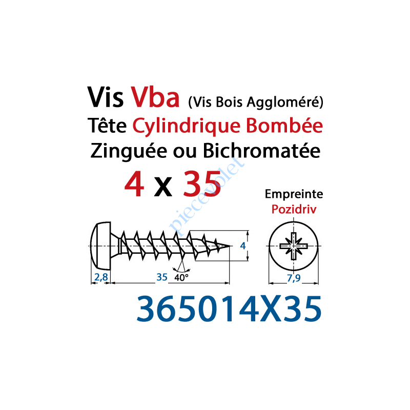 365014X35 Vis Vba Tête Cylindrique Bombée Pozidriv Filetage Total Acier Zingué ou Zingué-Bichromaté 4 x 35 mm