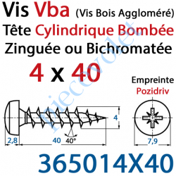 365014X40 Vis Vba Tête Cylindrique Bombée Pozidriv Filetage Total Acier Zingué ou Zingué-Bichromaté 4 x 40 mm