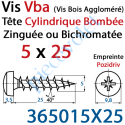 365015X25 Vis Vba Tête Cylindrique Bombée Pozidriv Filetage Total Acier Zingué ou Zingué-Bichromaté 5 x 25 mm