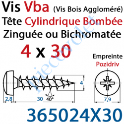 365024X30 Vis Vba Tête Cylindrique Bombée Pozidriv Filetage Total Acier Zingué ou Zingué Bichromaté 4 x 30 mm