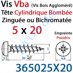 365025X20 Vis Vba Tête Cylindrique Bombée Pozidriv Filetage Total Acier Zingué ou Zingué Bichromaté 5 x 20 mm