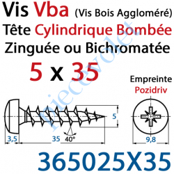 365025X35 Vis Vba Tête Cylindrique Bombée Pozidriv Filetage Total Acier Zingué ou Zingué Bichromaté 5 x 30 mm
