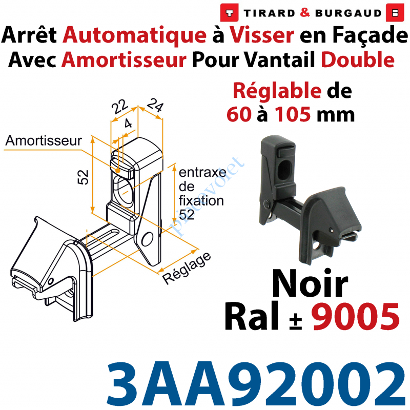 3AA92002 Arrêt Automatique à Visser en Façade AA3G Avec Amortisseur pour Vantail Double Réglable de 60 à 105mm Noir ± Ral 9005