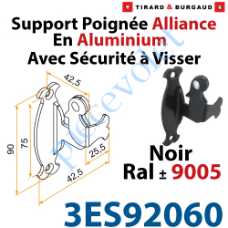 3ES92060 Support Poignée Alliance Avec Sécurité à Visser en Aluminium Laqué Noir ± Ral 9005 (Sans vis)