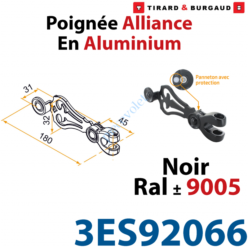 3ES92066 Poignée d'Espagnolette Alliance en Aluminium Laqué Noir ± Ral 9005 Avec Tampon de Protection