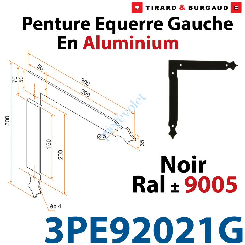 3PE92021G Penture Equerre Réglable 300x300mm Gauche en Plat Aluminium de 35x4mm Percée de 4 Trous Diamètre 5mm Laqué Noir ± Ral 