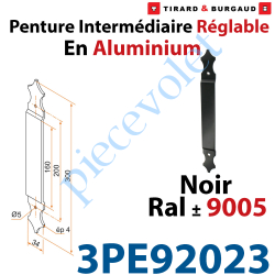 3PE92023 Penture Intermédiaire Réglable Longueur: 300mm en Plat Aluminium de 34x4mm Percée de 2 Trous Diamètre 5mm Laqué Noir ± 