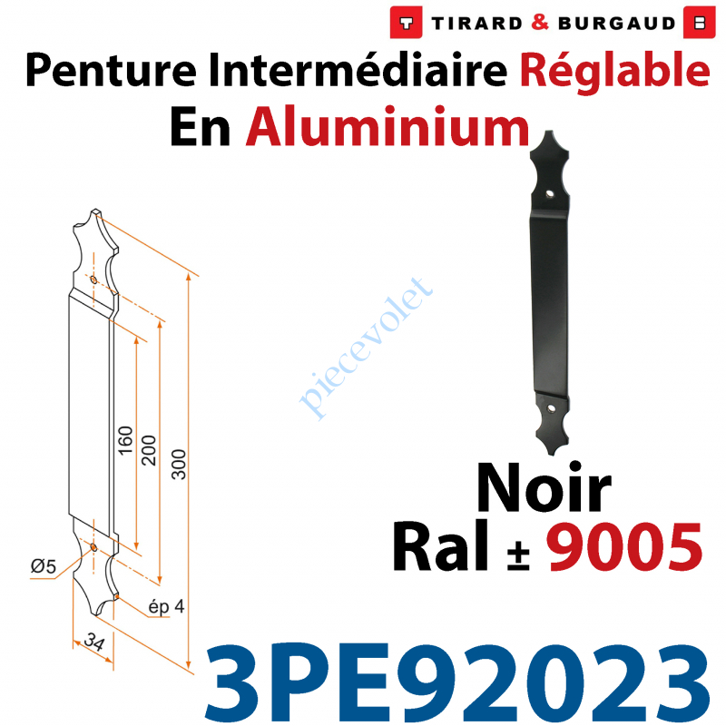 3PE92023 Penture Intermédiaire Réglable Longueur: 300mm en Plat Aluminium de 34x4mm Percée de 2 Trous Diamètre 5mm Laqué Noir ± 