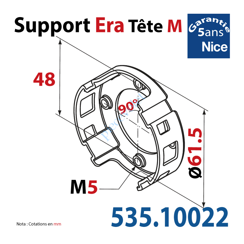 535.10022 Support Nice Era Tête M Métallique 4 Trous M5 à 90° entr'axes 48 mm