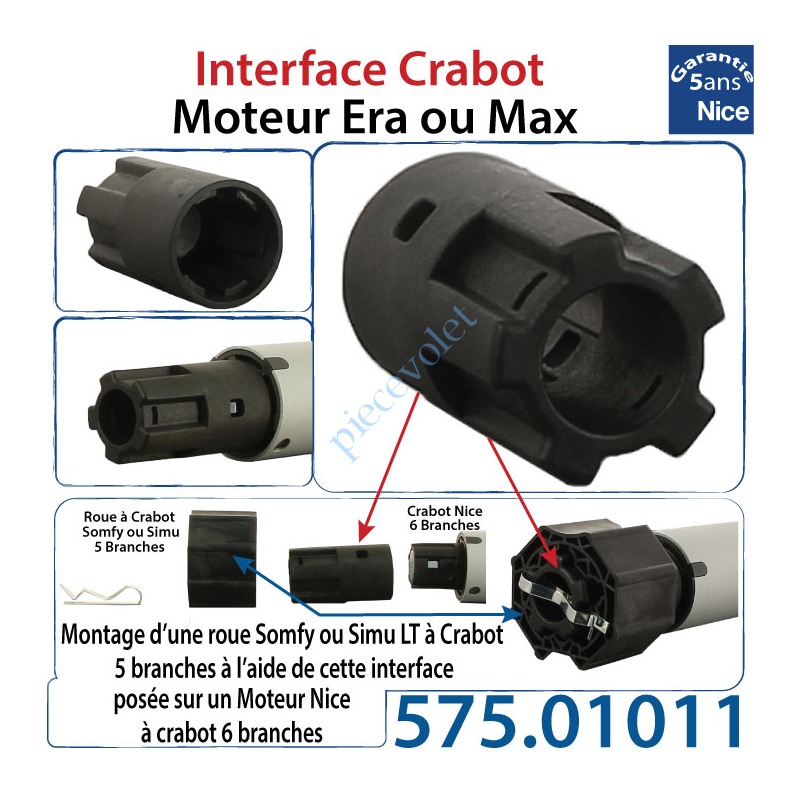 575.01011 Interface Crabot Moteur Nice Era ou Max vers Crabot Moteur Somfy LT permet d'utiliser les Roues de la Gamme Somfy LT