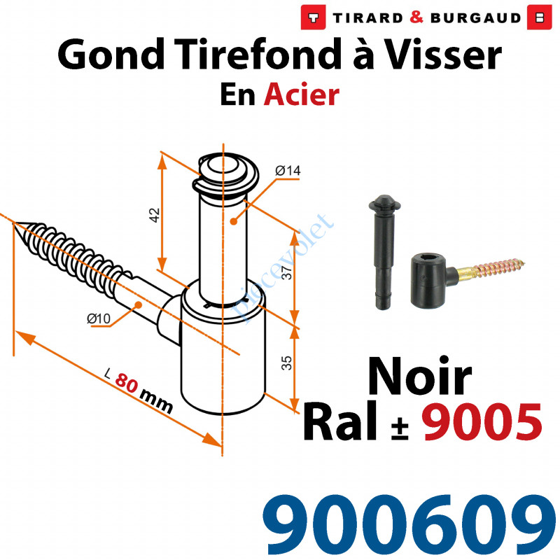 900609 Gond Tirefond à Visser Longueur 80 mm Axe ø 14 mm en Acier et Matériau Composite Noir ± Ral 9005