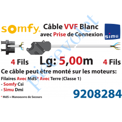 9208284 Câble H05VVF Blanc 4 x 0.75 mm² lg 5,00 m Av Prise Noire pr Moteur LT Csi Filaire