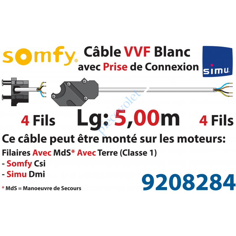 9208284 Câble H05VVF Blanc 4 x 0.75 mm² lg 5,00 m Av Prise Noire pr Moteur LT Csi Filaire