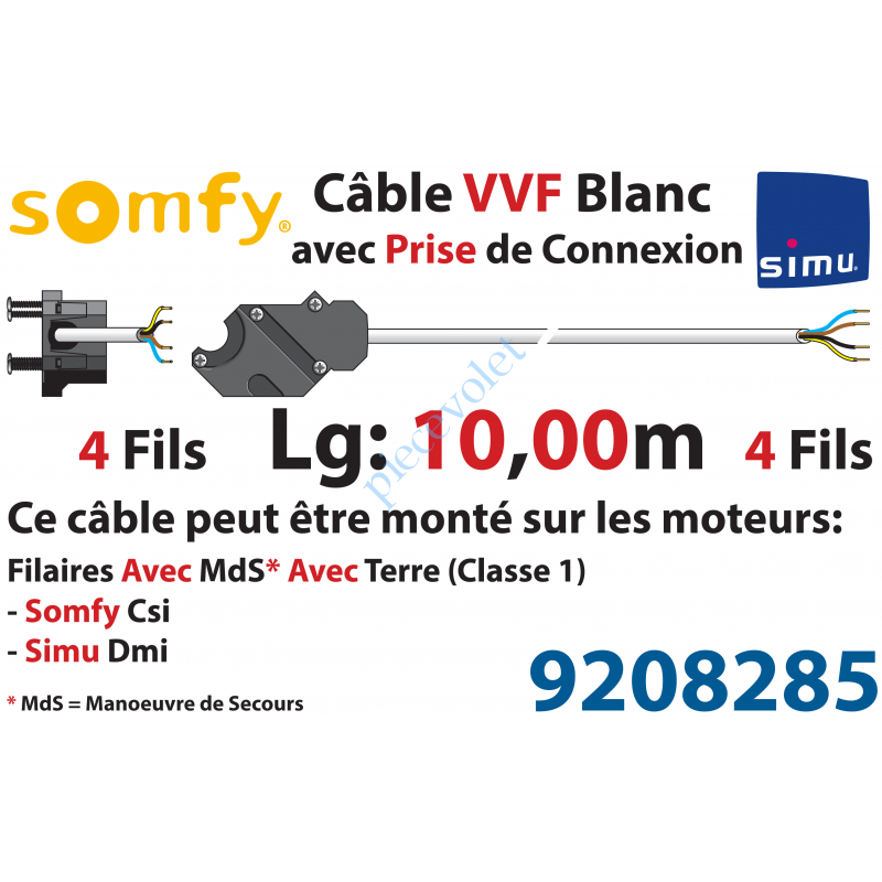 9208285 Câble H05VVF Blanc 4x0.75 mm² lg 10,00 m Av Prise Noire pr Moteur LT Csi Filaire