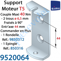 9520064 Support Moteur T5 en C 2 Trous ø 6,5 Fraisés Entr'Axes 44 mm