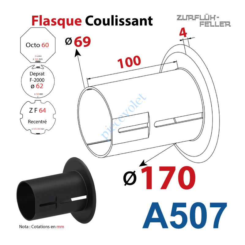 A507 Flasque Coulissant ø 170 mm pour Tubes Zf 64, Deprat 62 & Octo 60