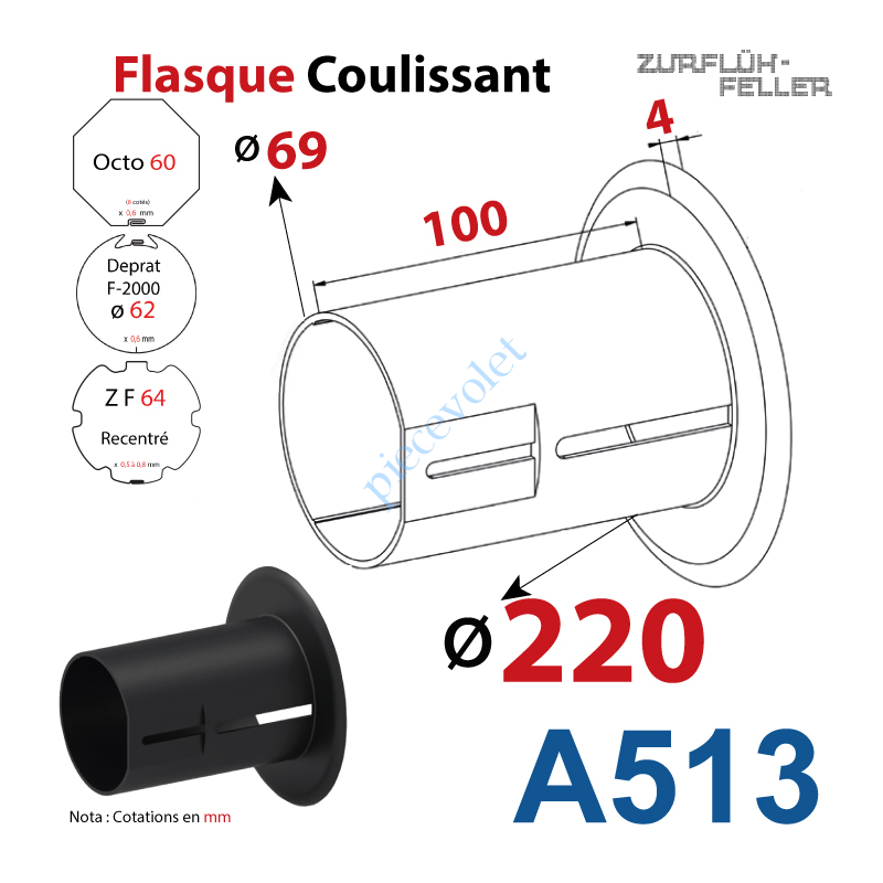 A513 Flasque Coulissant ø 220 mm pour Tubes Zf 64, Deprat 62 & Octo 60