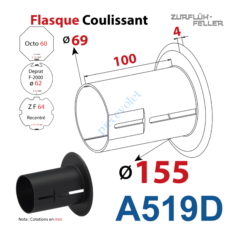 A519D Flasque Coulissant ø 155 mm pour Tubes Zf 64, Deprat 62 & Octo 60