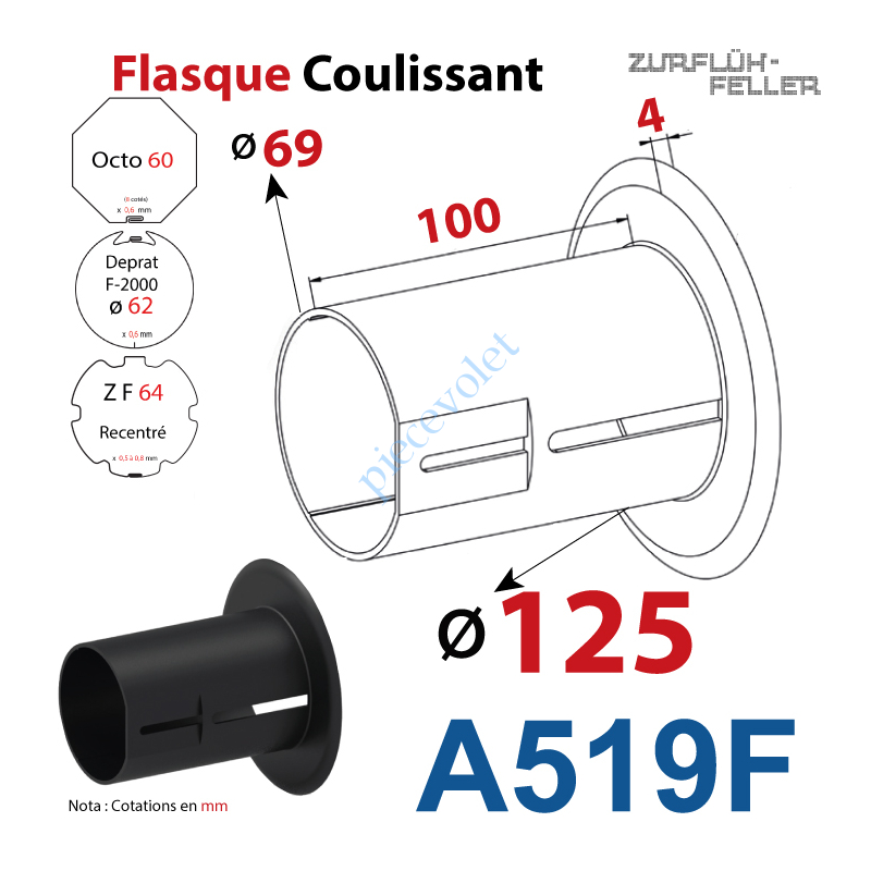 A519F Flasque Coulissant ø 125 mm pour Tubes Zf 64, Deprat 62 & Octo 60