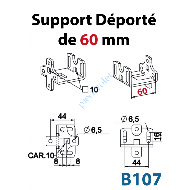 B107 Support Déporté de 60 mm Percé à Entre-axes 44mm et en Carré de 10mm Sans visserie