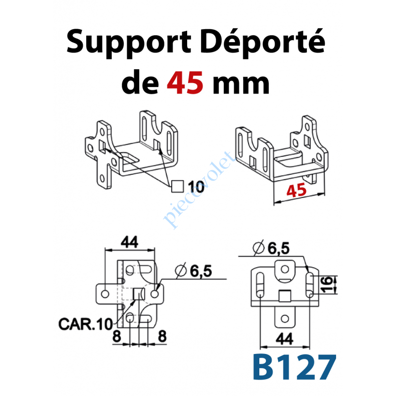 B127 Support Déporté de 45 mm Percé à Entre-axes 44mm et en Carré de 10mm Sans visserie