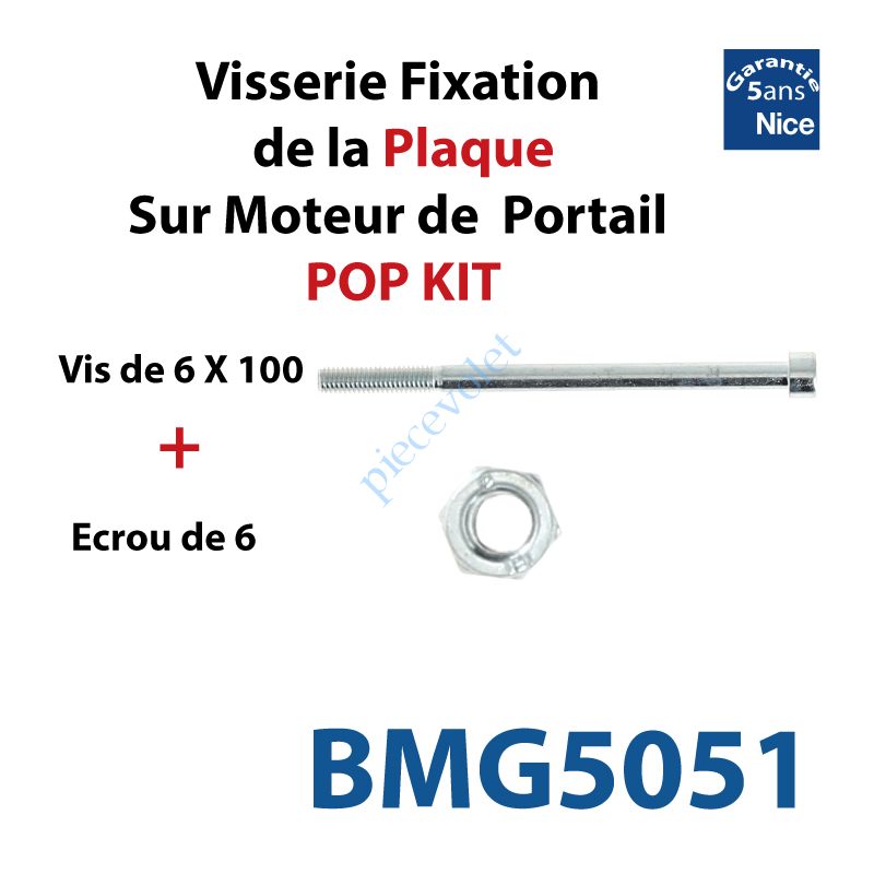 BMG5051 Vis 6 x 100 + Ecrou M6 Spider pour Fixation de la Plaque sur Moteur de Portail Nice Pop Kit