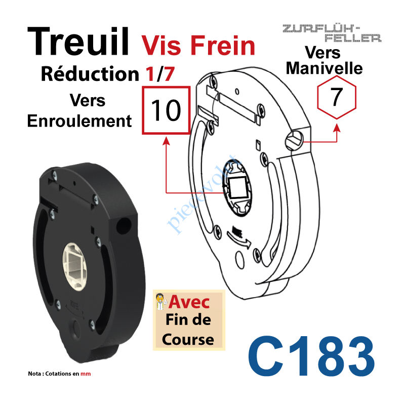 C183 Treuil Vis Frein Réd 1/7 Entrée Hexa 7 Femelle Sortie Carré 10 Femelle