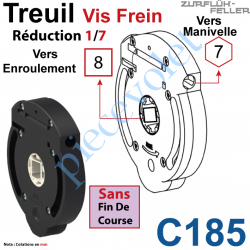 C185 Treuil Vis Frein Réd 1/7 Entrée Hexa 7 Femelle Sortie Carré 8 Femelle