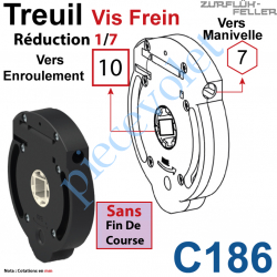 C186 Treuil Vis Frein Réd 1/7 Entrée Hexa 7 Femelle Sortie Carré 10 Femelle