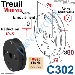 C302 Treuil Minivis Réd 1/6,5 Entrée Hexa 7 Femelle Sortie Carré10 Femelle Av FdC Ep 22