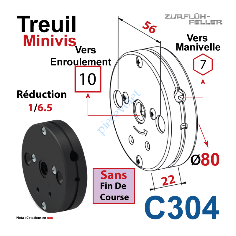 C304 Treuil Minivis Réd 1/6,5 Entrée Hexa 7 Femelle Sortie Carré10 Femelle Ss FdC Ep 22