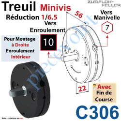 C306 Treuil Minivis Réd 1/6,5 Rég à Dr Ent Hex 7 Fem Sor Carr 10 Mâl Lg 23 Av FdC Ep 22