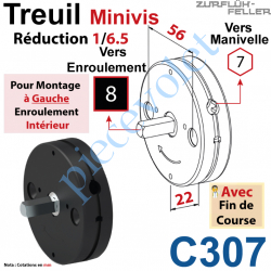 C307 Treuil Minivis Réd 1/6,5 Rég à Ga Ent Hex 7 Fem Sor Carré 8 Mâl Lg 23 Av FdC Ep 22