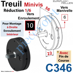 C346 Treuil Minivis Réd 1/6,5 Rég à Dr Ent Carré 6 Fem Sor Carré 10 Mâl Lg 23 Av FdC Ep 22