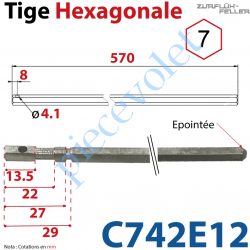 C742E12 Tige Hexagonale de 7 mm Longueur 570 mm Percée ø 4,1 mm Zinguée